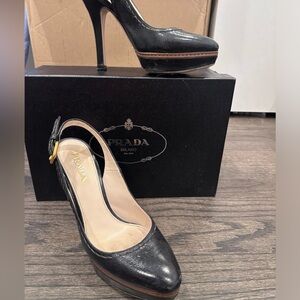 Prada black sling back platform pumps